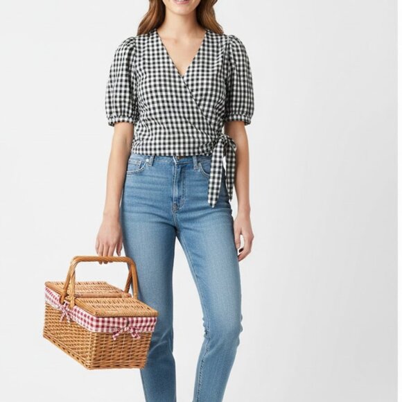 Madewell Tops - Madewell Top Womens Small Black White Checkered Short Sleeve Waist Tie V Neck